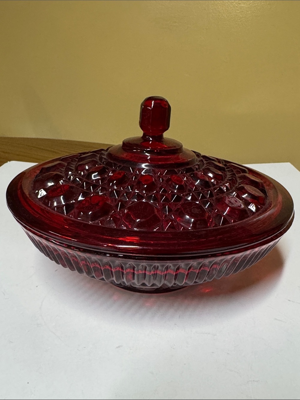 Indiana Glass Windsor Ruby Red Candy Dish – 1980s Lidded Glass Bowl 7.5”